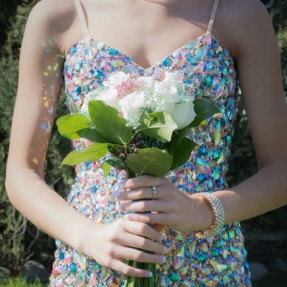 Jovani 946 Beige Multicolor Gem Stone Formal Dress - Picture 2 of 9